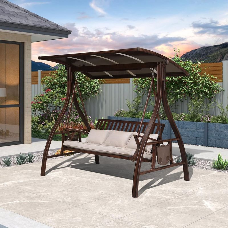 Balansoar de 3 locuri, gradina sau terasa, aluminiu, iluminare Led, suport de pahare, perne incluse, Maro, Solaris