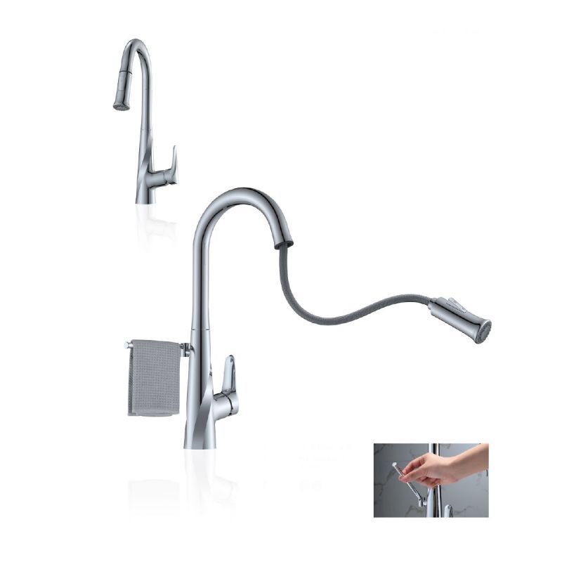 Baterie bucatarie, suport inclus, dus extractabil, 2 jeturi, pipa flexibila si rotativa 360°, Crom, Tomis