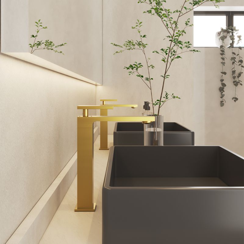 Baterie lavoar, Auriu Mat, Perlator, otel inoxidabil, montaj pe blat, Armonia
