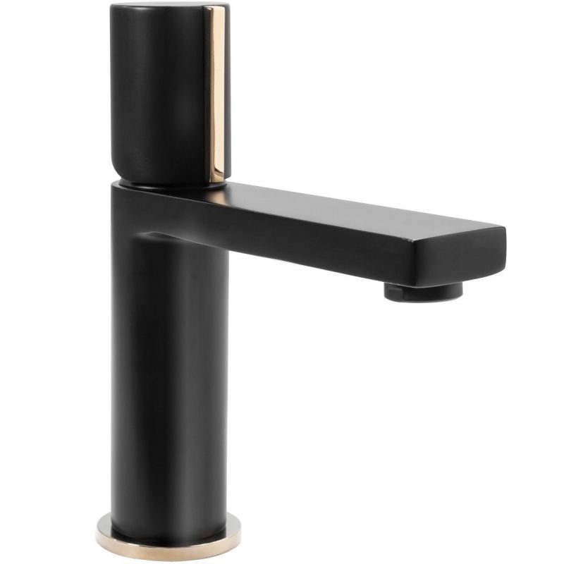 Baterie lavoar REA-Icon Low, montaj pe lavoar, finisaj negru mat-gold, perlator aer, design deosebit