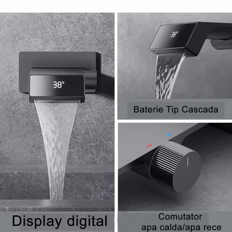 Baterie lavoar tip cascada, display Led, afisaj temperatura, alimentare hidroelectrica,  montaj incastrat, Gun grey, Luna