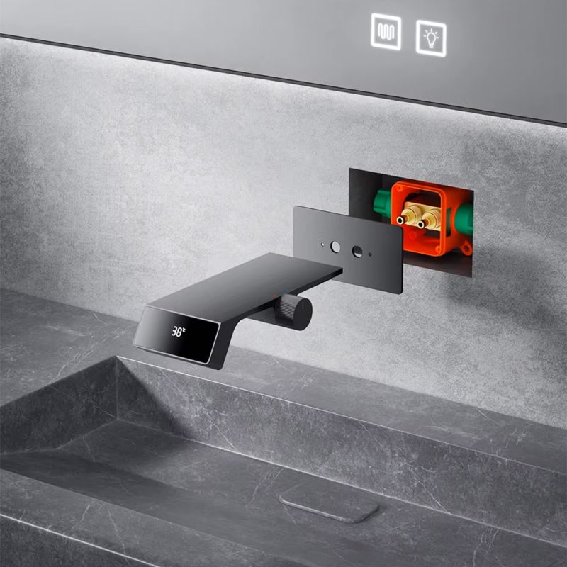 Baterie lavoar tip cascada, display Led, afisaj temperatura, alimentare hidroelectrica,  montaj incastrat, Gun grey, Luna