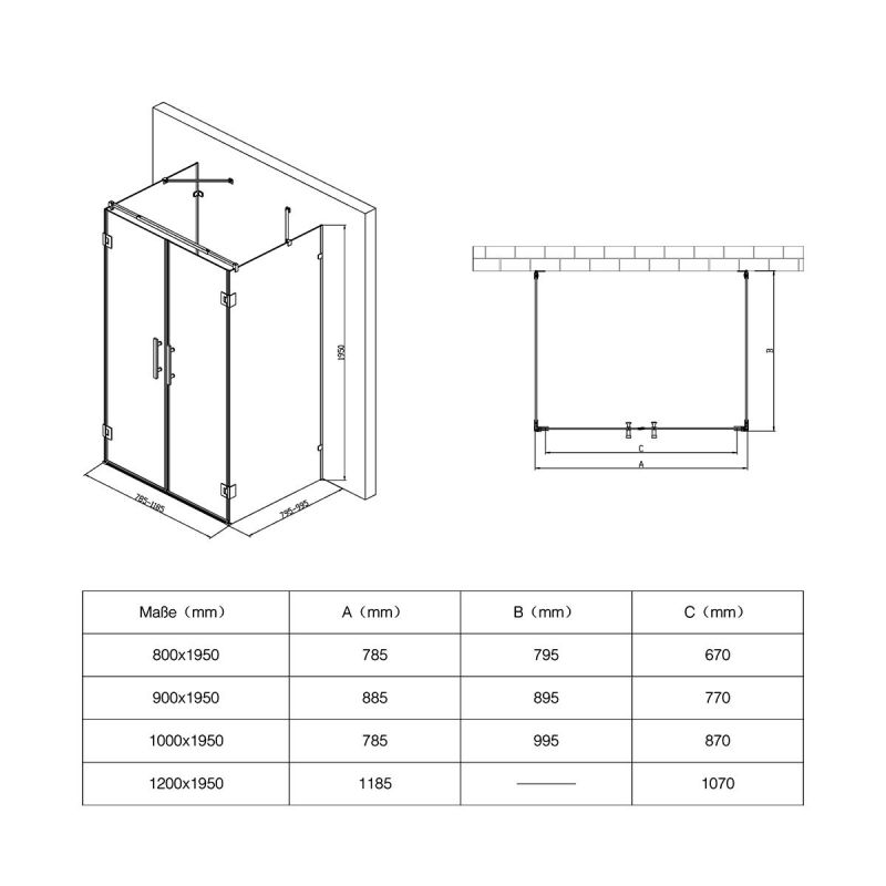 Cabina EGO-40, 3 laturi, usi Batante deschidere 180 grade, sticla 8 mm, Dimensiuni 80-90x120