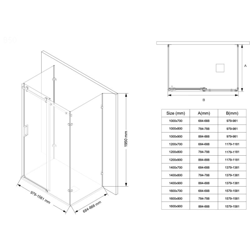 Cabina de dus, 3 laturi, perete fix, usa glisanta, 8 mm, Tratament Nano, Auriu Mat, Dimensiuni 80-90x120-140-160 cm, Solana