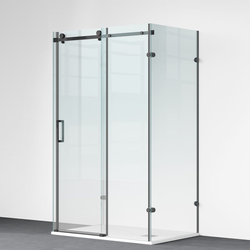 Cabina de dus, 3 laturi, perete fix, usa glisanta, 8 mm, Tratament Nano, Negru Mat, Dimensiuni 70-90x100-120-160 cm, Solana