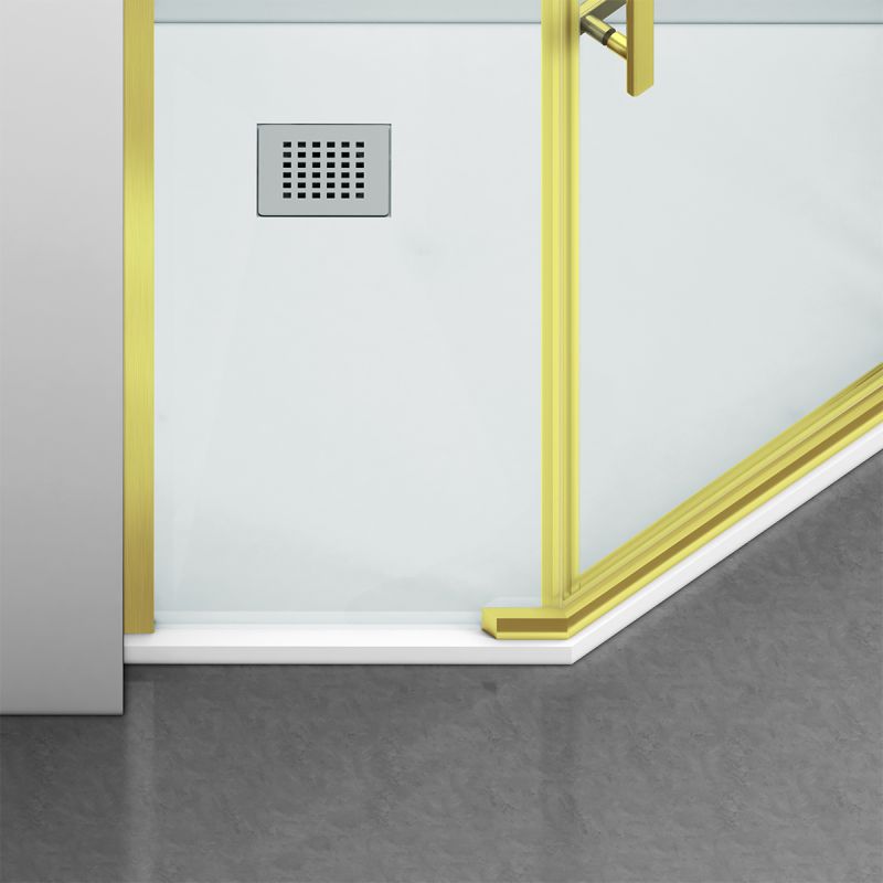 Cabina de dus, pentagonala, usa batanta, Auriu Mat, sticla 8 mm, suport prosoape, 2 rafturi, 90 x 90 cm, Nano Easy Clean, Leon