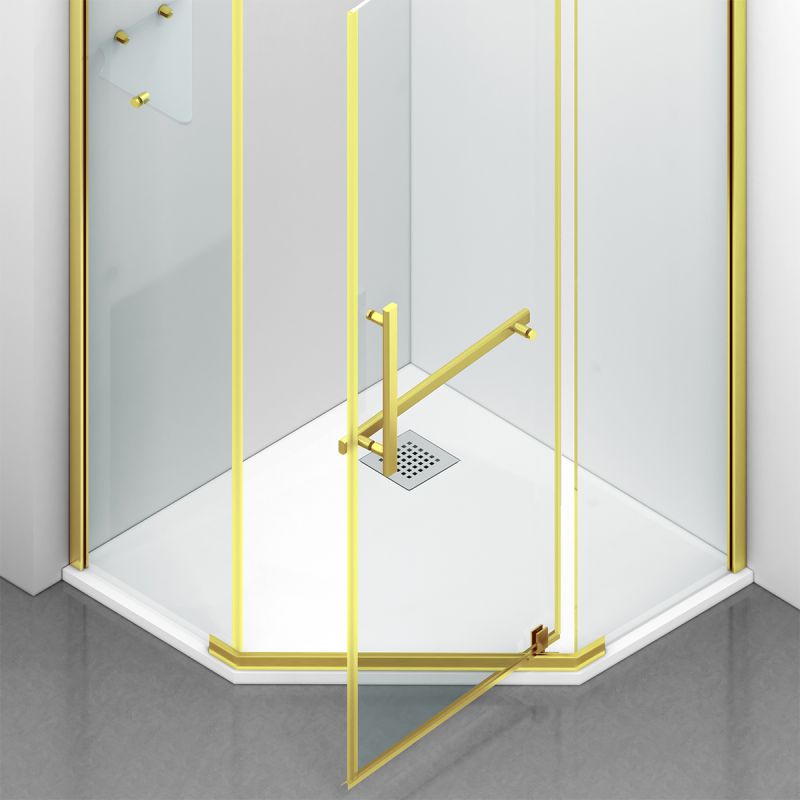 Cabina de dus, pentagonala, usa batanta, Auriu Mat, sticla 8 mm, suport prosoape, 2 rafturi, 90 x 90 cm, Nano Easy Clean, Leon