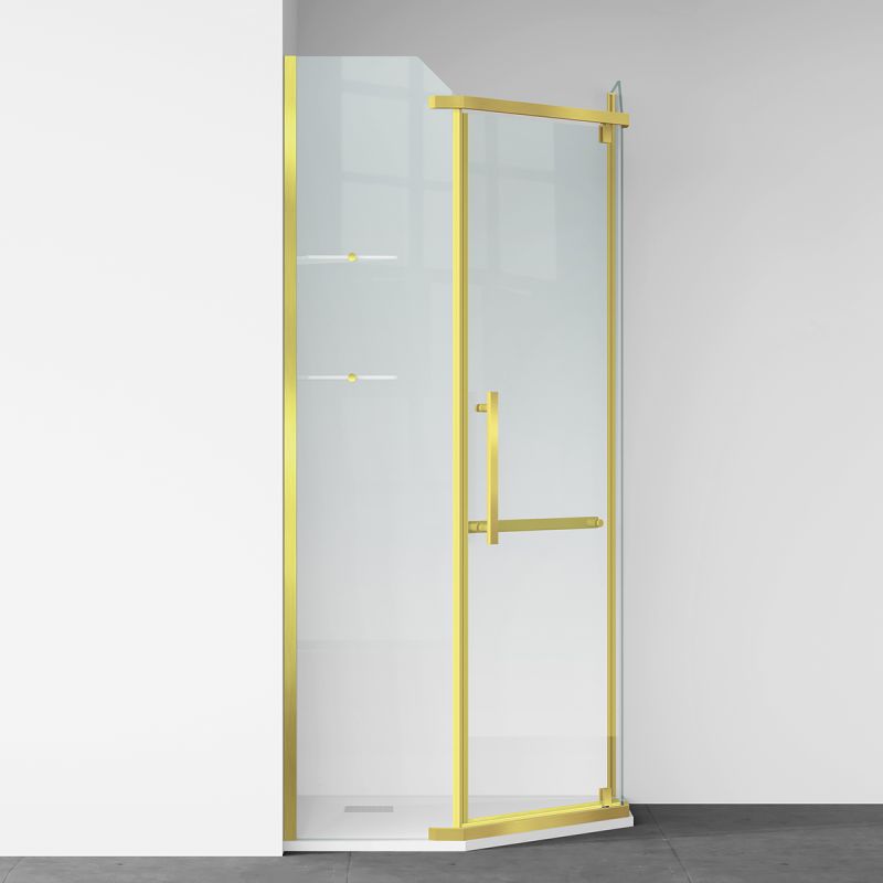 Cabina de dus, pentagonala, usa batanta, Auriu Mat, sticla 8 mm, suport prosoape, 2 rafturi, 90 x 90 cm, Nano Easy Clean, Leon