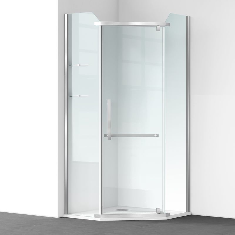 Cabina de dus, pentagonala, usa batanta, Crom, sticla 8 mm, suport prosoape, 2 rafturi, 90 x 90 cm, Nano Easy Clean, Leon