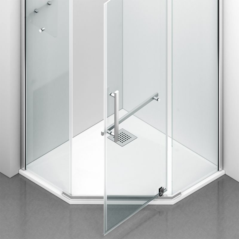 Cabina de dus, pentagonala, usa batanta, Crom, sticla 8 mm, suport prosoape, 2 rafturi, 90 x 90 cm, Nano Easy Clean, Leon