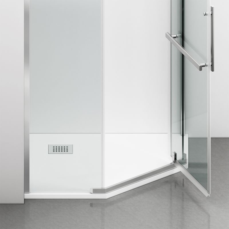 Cabina de dus, pentagonala, usa batanta, Crom, sticla 8 mm, suport prosoape, 2 rafturi, 90 x 90 cm, Nano Easy Clean, Leon