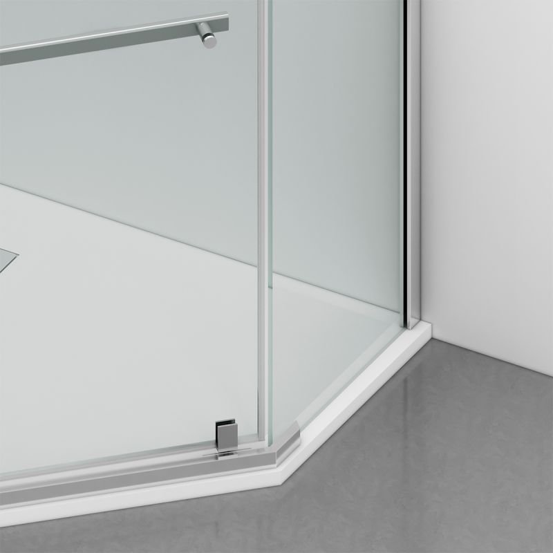 Cabina de dus, pentagonala, usa batanta, Crom, sticla 8 mm, suport prosoape, 2 rafturi, 90 x 90 cm, Nano Easy Clean, Leon