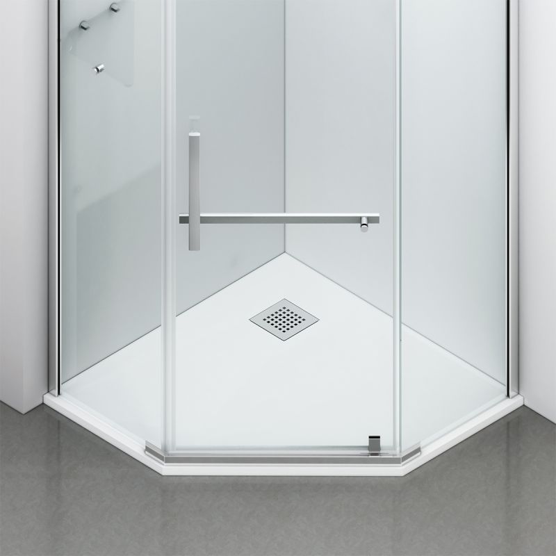 Cabina de dus, pentagonala, usa batanta, Crom, sticla 8 mm, suport prosoape, 2 rafturi, 90 x 90 cm, Nano Easy Clean, Leon
