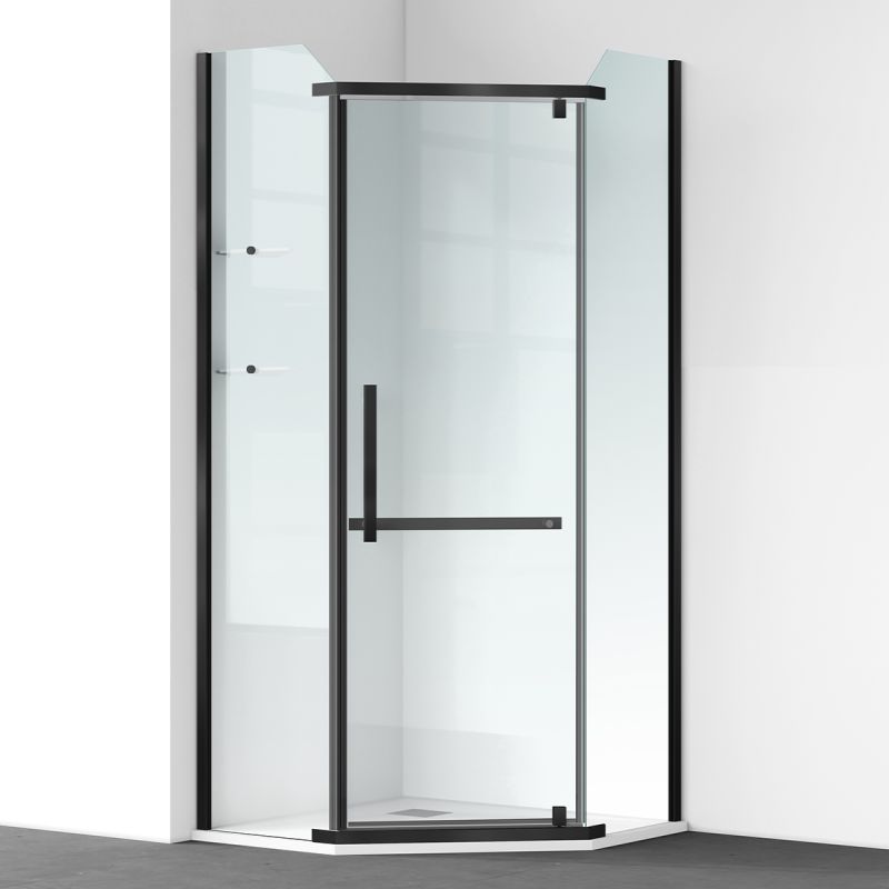 Cabina de dus, pentagonala, usa batanta, Negru Mat, sticla 8 mm, suport prosoape, 2 rafturi, 90 x 90 cm, Nano Easy Clean, Leon