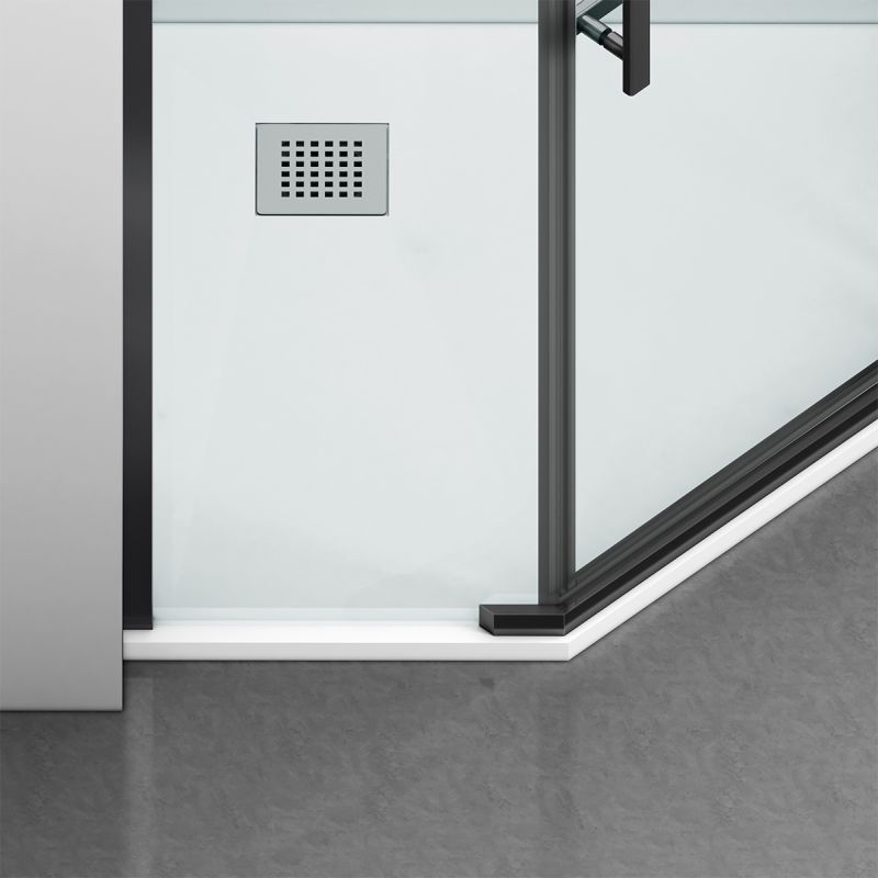 Cabina de dus, pentagonala, usa batanta, Negru Mat, sticla 8 mm, suport prosoape, 2 rafturi, 90 x 90 cm, Nano Easy Clean, Leon