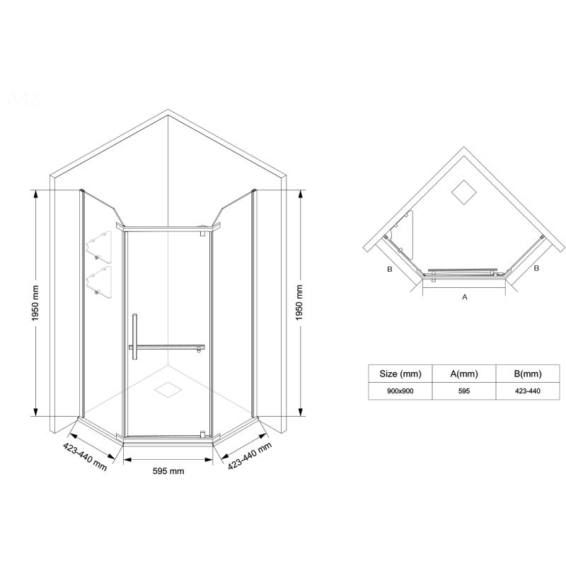 Cabina de dus, pentagonala, usa batanta, Negru Mat, sticla 8 mm, suport prosoape, 2 rafturi, 90 x 90 cm, Nano Easy Clean, Leon