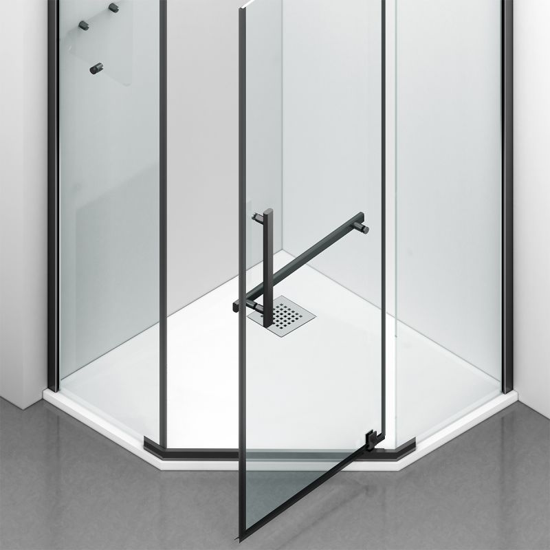 Cabina de dus, pentagonala, usa batanta, Negru Mat, sticla 8 mm, suport prosoape, 2 rafturi, 90 x 90 cm, Nano Easy Clean, Leon