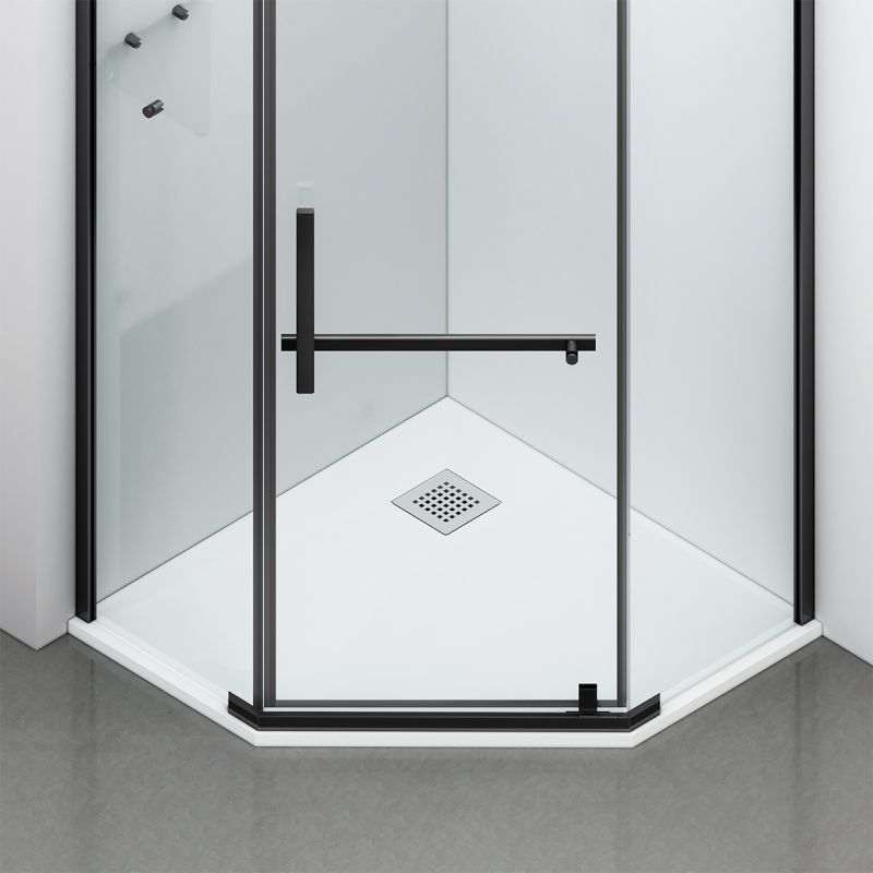 Cabina de dus, pentagonala, usa batanta, Negru Mat, sticla 8 mm, suport prosoape, 2 rafturi, 90 x 90 cm, Nano Easy Clean, Leon