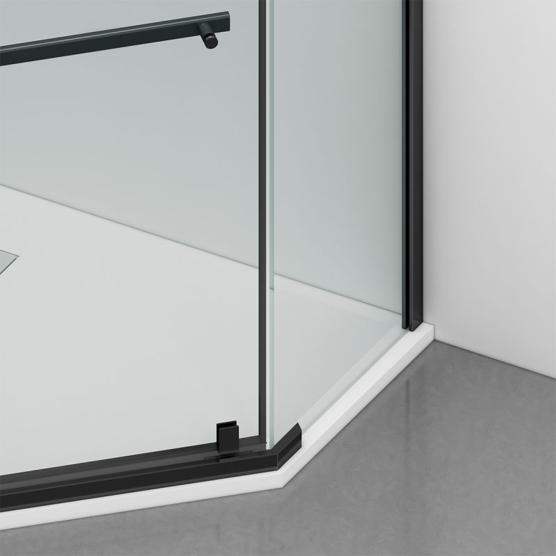 Cabina de dus, pentagonala, usa batanta, Negru Mat, sticla 8 mm, suport prosoape, 2 rafturi, 90 x 90 cm, Nano Easy Clean, Leon