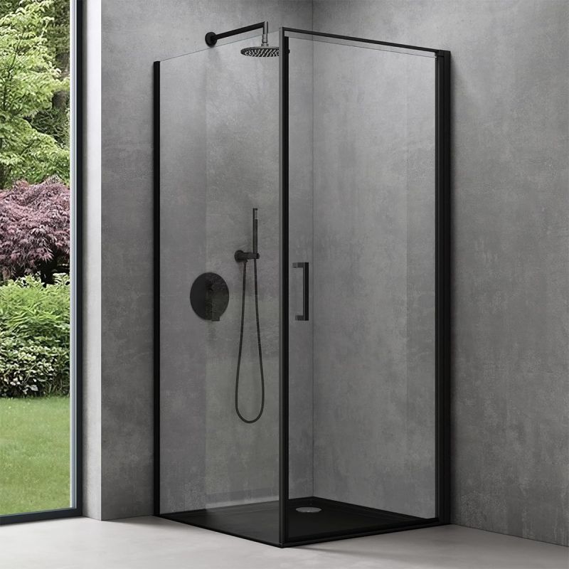 Cabina de dus, perete fix, usa batanta, sticla 8 mm, securizata, profil, maner Negru, dimensiuni: 90-100 x 90-100, Ego-36