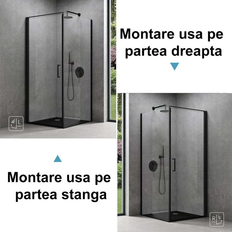 Cabina de dus, perete fix, usa batanta, sticla 8 mm, securizata, profil, maner Negru, dimensiuni: 90-100 x 90-100, Ego-36