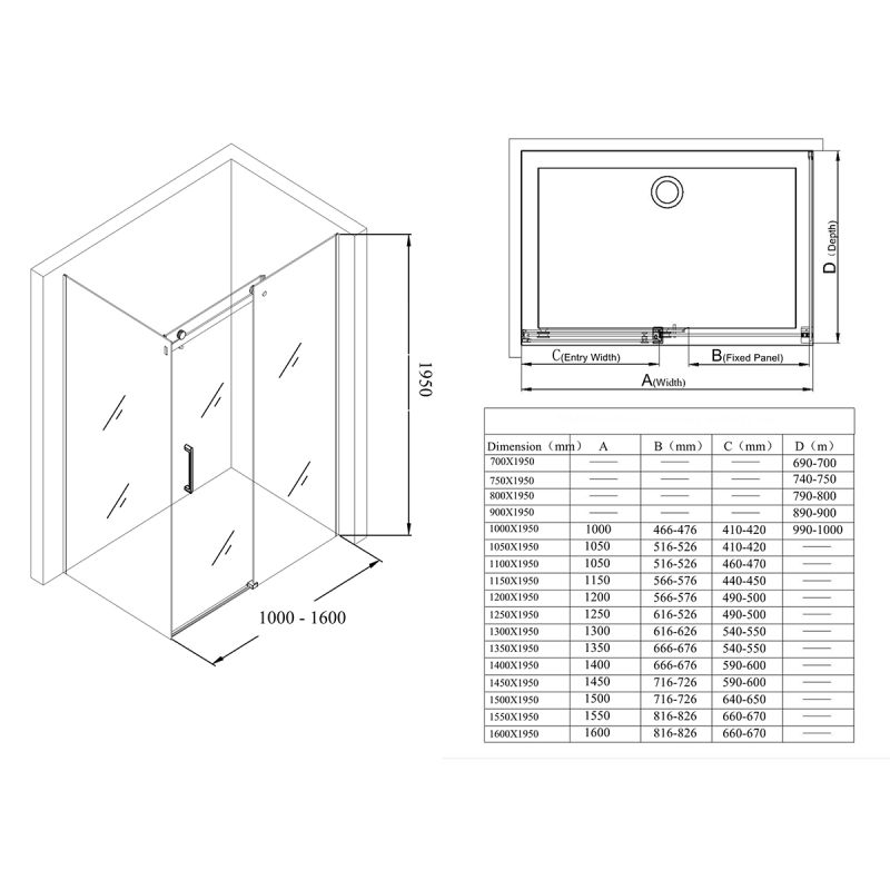 Cabina de dus, reversibila, perete fix si usa glisanta, sticla securizata 8 mm, dimensiuni la alegere, EGO-17