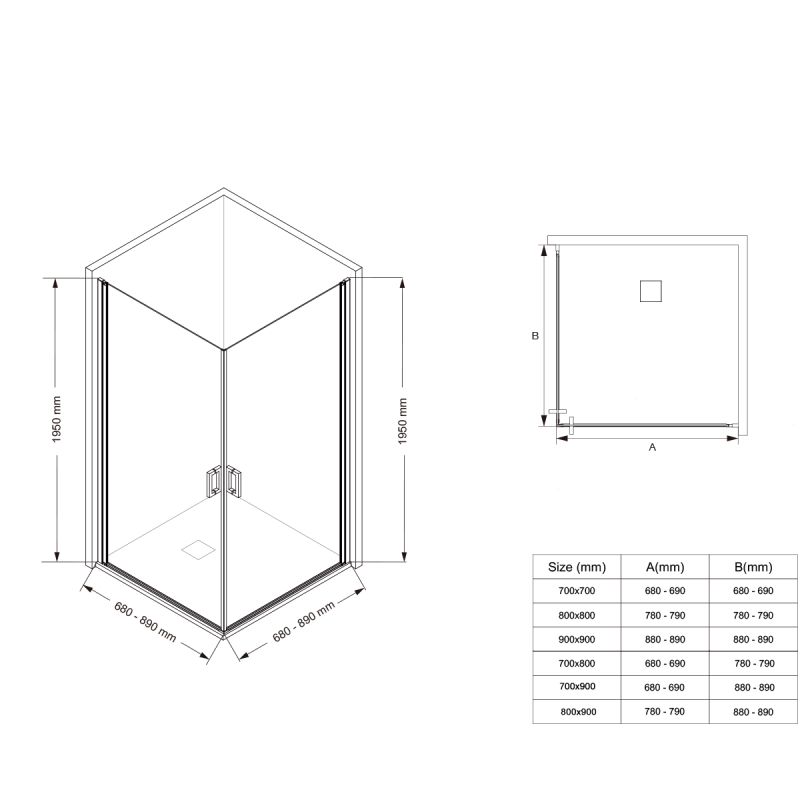 Cabina de dus, sticla securizata 6mm , Transparent, Negru Mat, 2 usi Batante, dimensiuni 70, 80, 90 x 195 cm, Hera