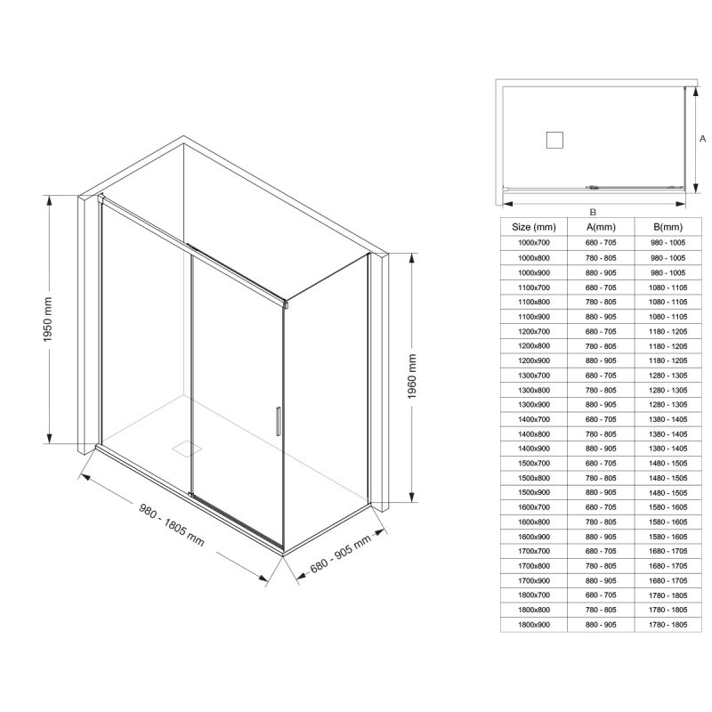 Cabina dus, perete fix si usa glisanta, sticla securizata de 6 mm, 70x90 x 100-180 cm, profil si maner Auriu Mat, Hanes