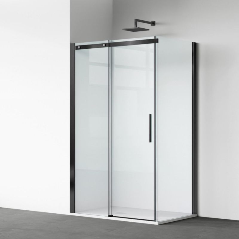 Cabina dus, perete fix si usa glisanta, sticla securizata de 8 mm, dimensiuni 80-90 x 120-140 cm, profil Negru mat, Giorgio
