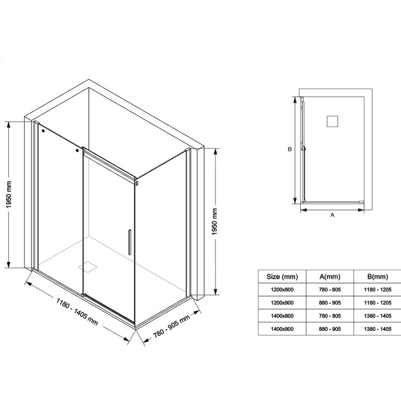 Cabina dus, perete fix si usa glisanta, sticla securizata de 8 mm, dimensiuni 80-90 x 120-140 cm, profil Negru mat, Giorgio