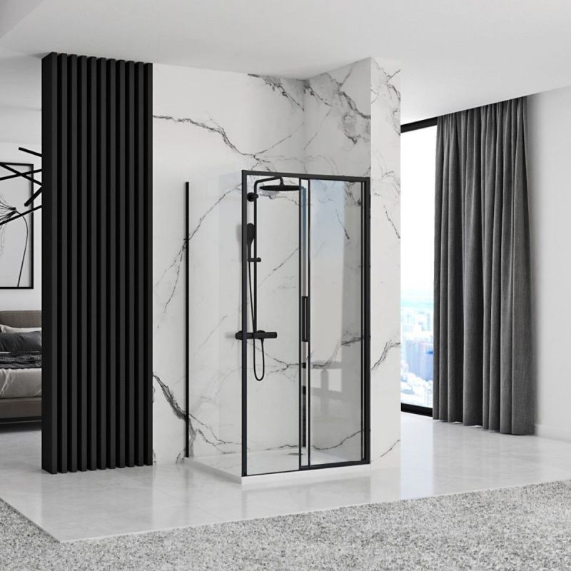 Cabina dus REA-Slide Black, perete fix si usa Glisanta, sticla securizata 6 mm, 100 x 150 x 195 cm, Easy Clean