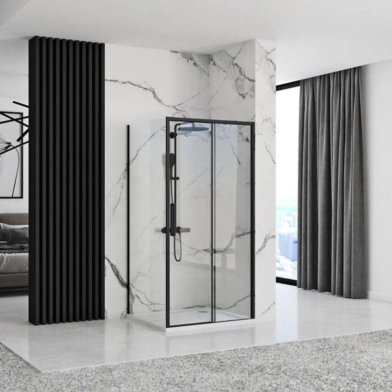 Cabina dus REA-Slide Black, perete fix si usa Glisanta, sticla securizata 6 mm, 100 x 150 x 195 cm, Easy Clean