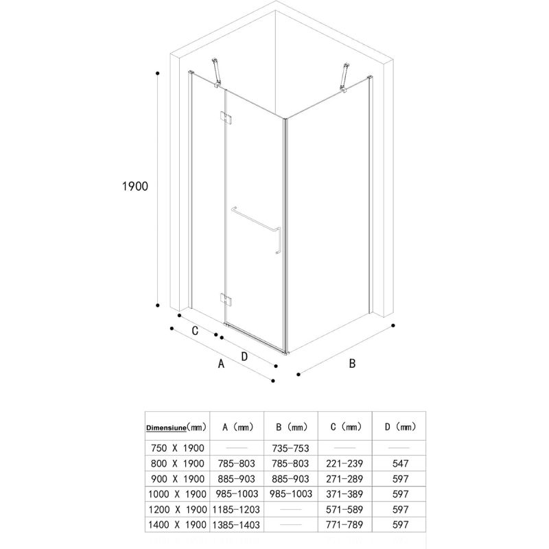 Cabina 04, perete fix si usa batanta, sticla securizata 6 mm, dimensiune 75-100x90-140 cm