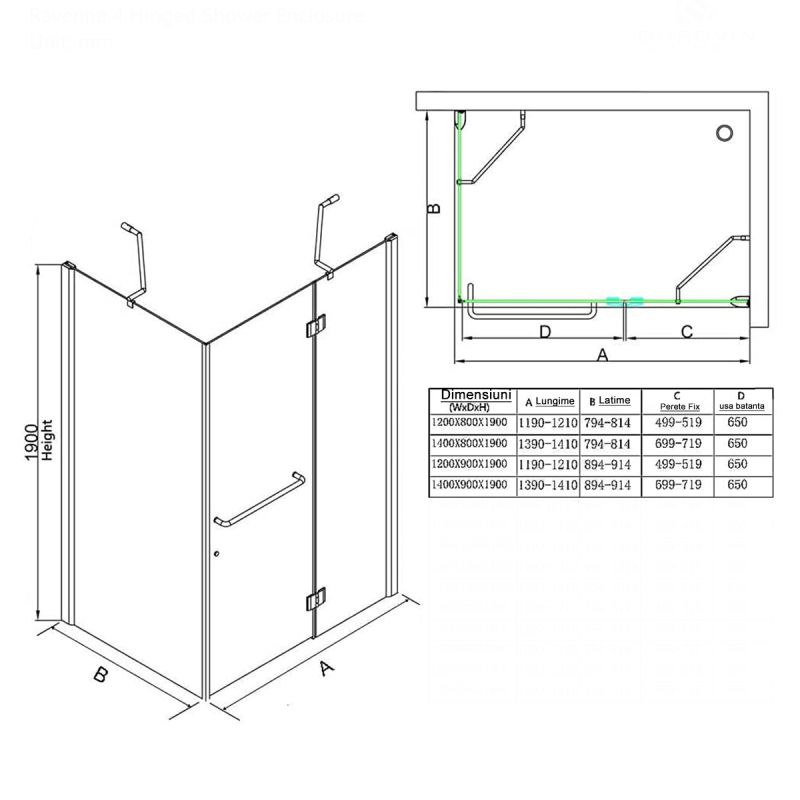 Cabina EGO-04, sablata perete fix si usa batanta, sticla securizata 6 mm, 120-140x80-90 cm, montaj stanga dreapta