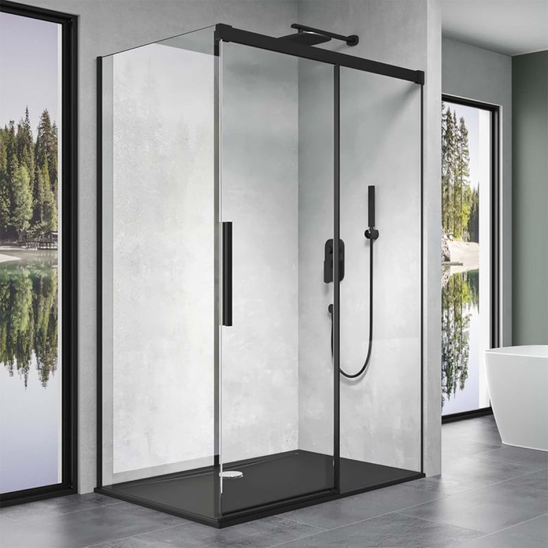 Cabina Ego 12, negru mat, 80, 90, 100 x 100, 120, 140 cm, sticla securizata 6 mm, perete fix, usa glisanta, Easy Clean