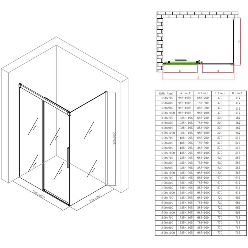 Cabina Ego 12, negru mat, 80, 90, 100 x 100, 120, 140 cm, sticla securizata 6 mm, perete fix, usa glisanta, Easy Clean
