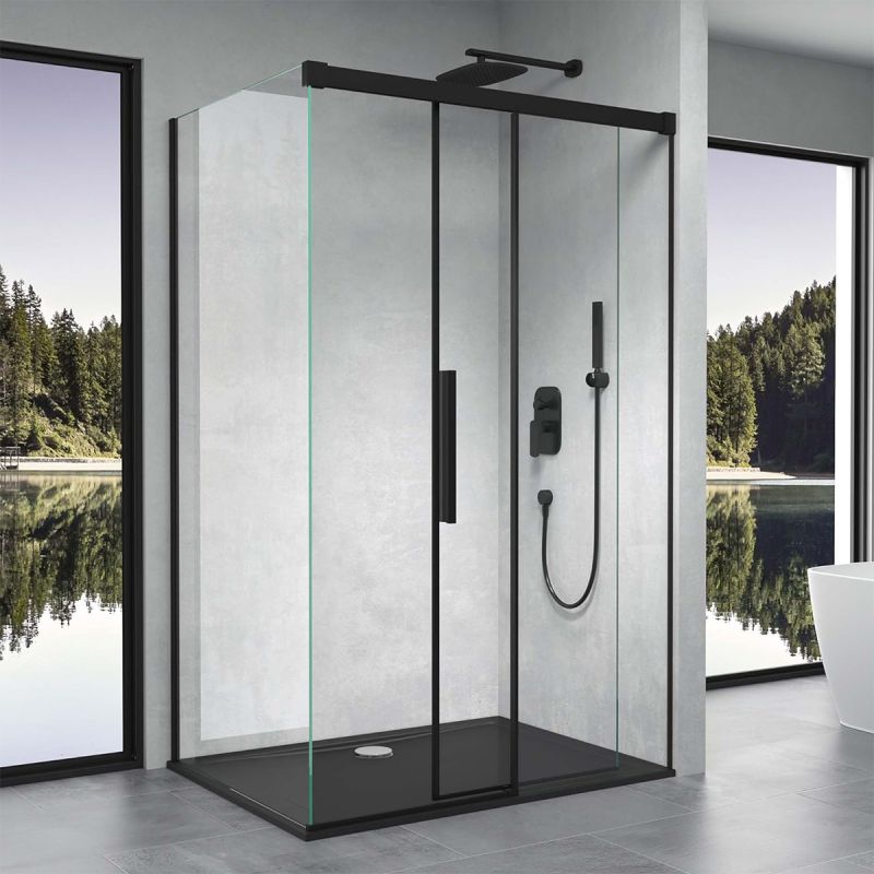 Cabina Ego 12, negru mat, 80, 90, 100 x 100, 120, 140 cm, sticla securizata 6 mm, perete fix, usa glisanta, Easy Clean