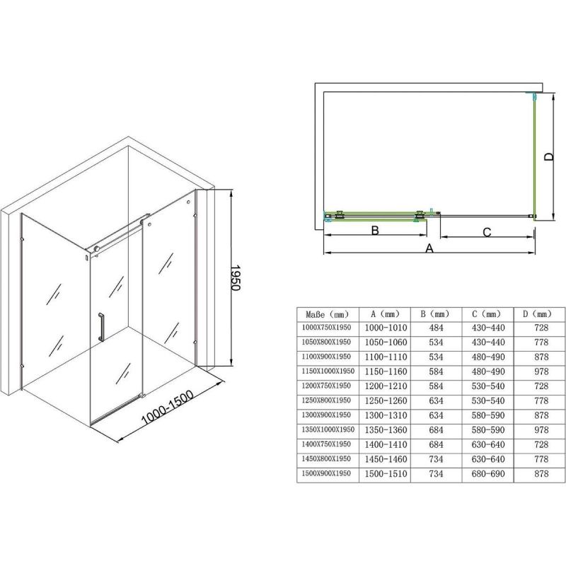 Cabina EGO-17-2, perete fix si usa Glisanta, sticla securizata 8 mm, fara profile metalice, dimensiuni la alegere