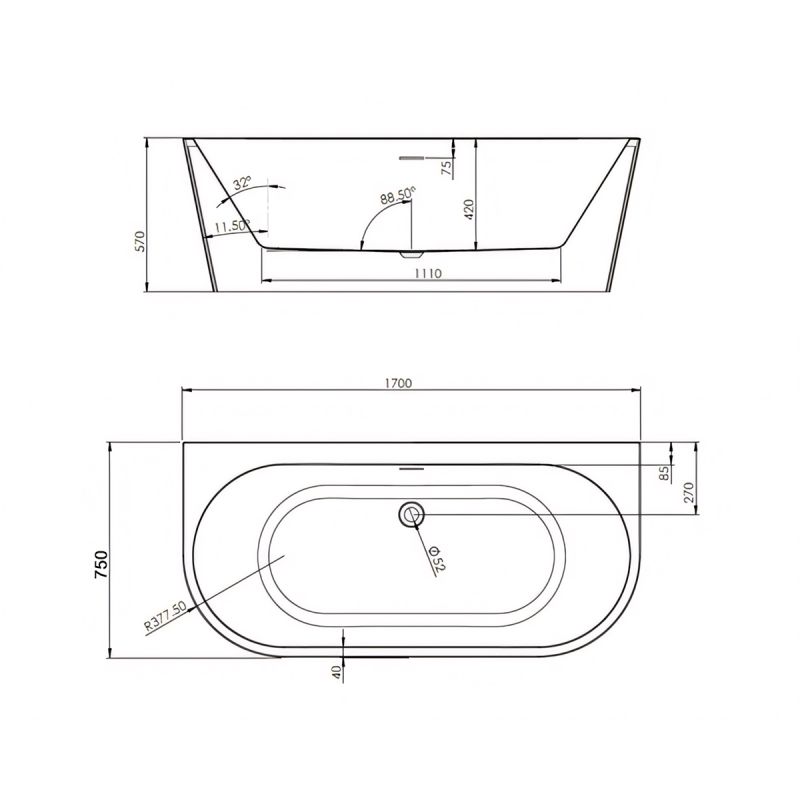 Cada de baie, Alb Lucios, acril termoactiv, freestanding, 170x75 cm, EGO 519