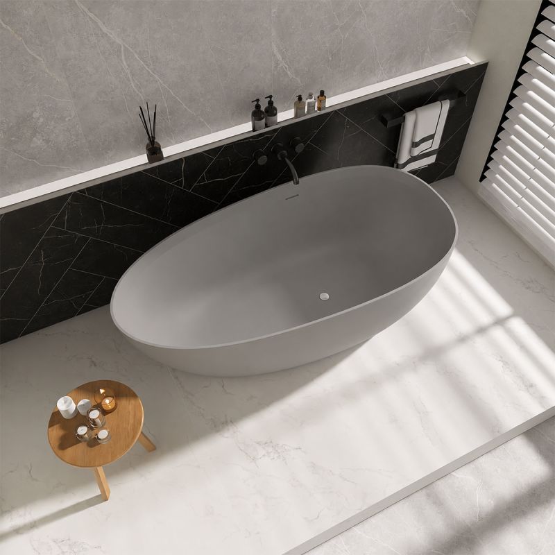 Cada de baie, compozit mineral, freestanding, Gri Ciment Mat, ventil crom inclus, 170x78 cm, Aveline