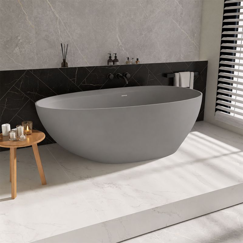 Cada de baie, compozit mineral, freestanding, Gri Ciment Mat, ventil crom inclus, 170x78 cm, Aveline