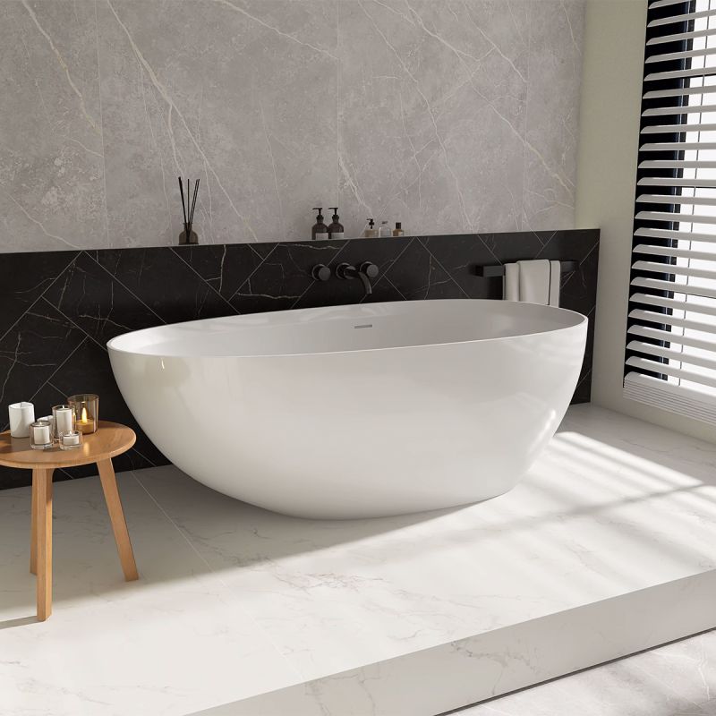 Cada de baie, compozit mineral, freestanding, ventil alb inclus, Alb Lucios, 170x78 cm, Aveline
