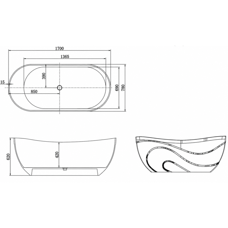 Cada de baie, compozit mineral, ventil inclus alb, freestanding, Alb Lucios,170x78 cm, Calista