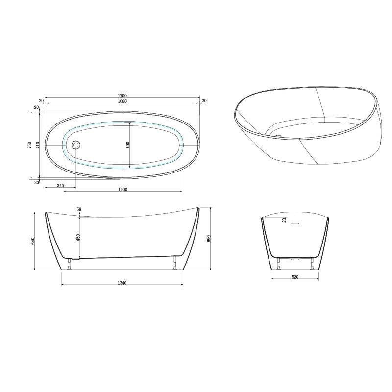 Cada de baie freestanding, Acril sanitar, Alb Lucios, 170x75 cm, izolare termica, Ania