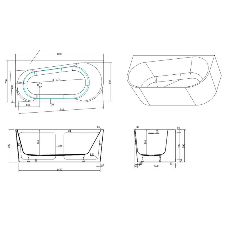 Cada de baie freestanding, Acril sanitar, Alb Lucios interior si exterior, 160,170 sau 180 cm, izolare termica, Joe