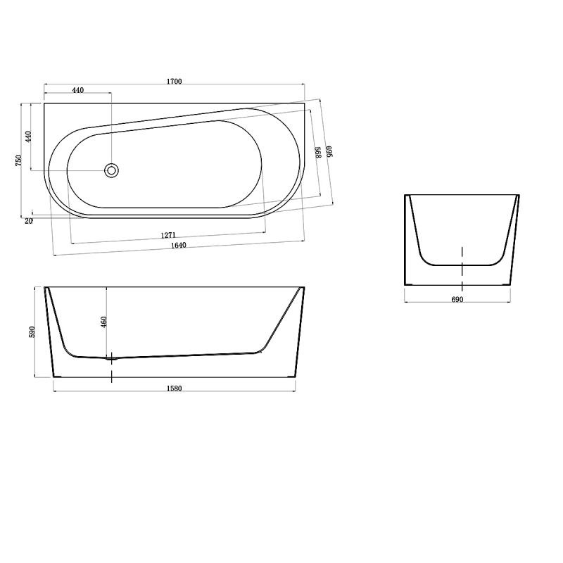 Cada de baie freestanding, Acril sanitar, Negru Lucios, 170x75 cm, izolare termica, Joe