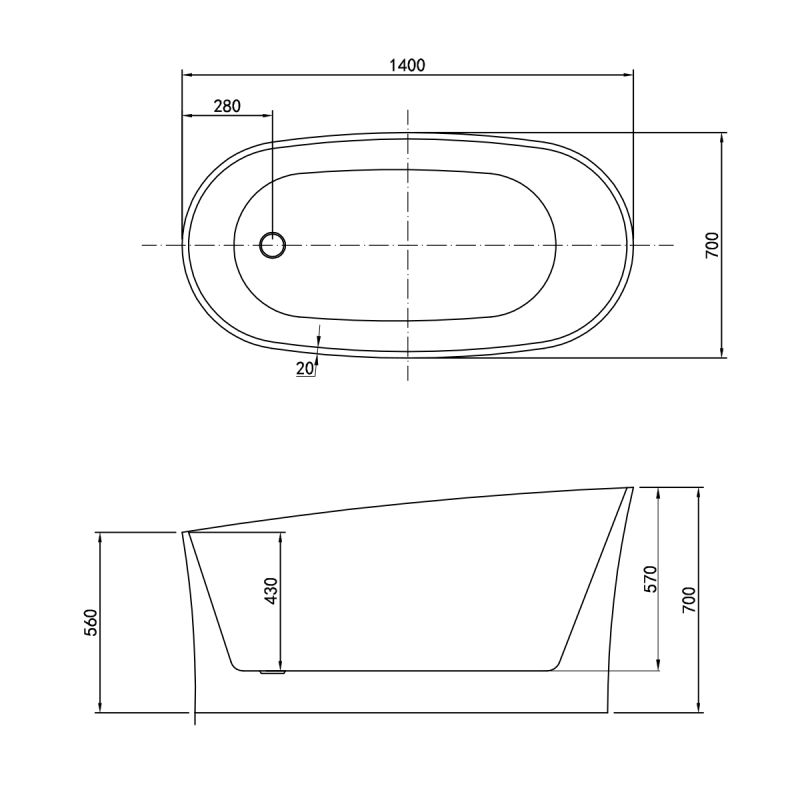Cada de baie, freestanding, Acril, ventil alb inclus, culoarea Alb Lucios, 140x70 cm, Avelis