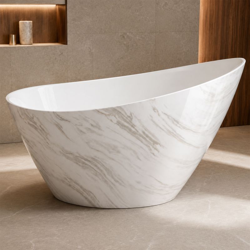 Cada de baie, freestanding, acril, ventil, preaplin crom inclus, Alb Calacatta exterior Alb Lucios interior, 160x80 cm, Cairo
