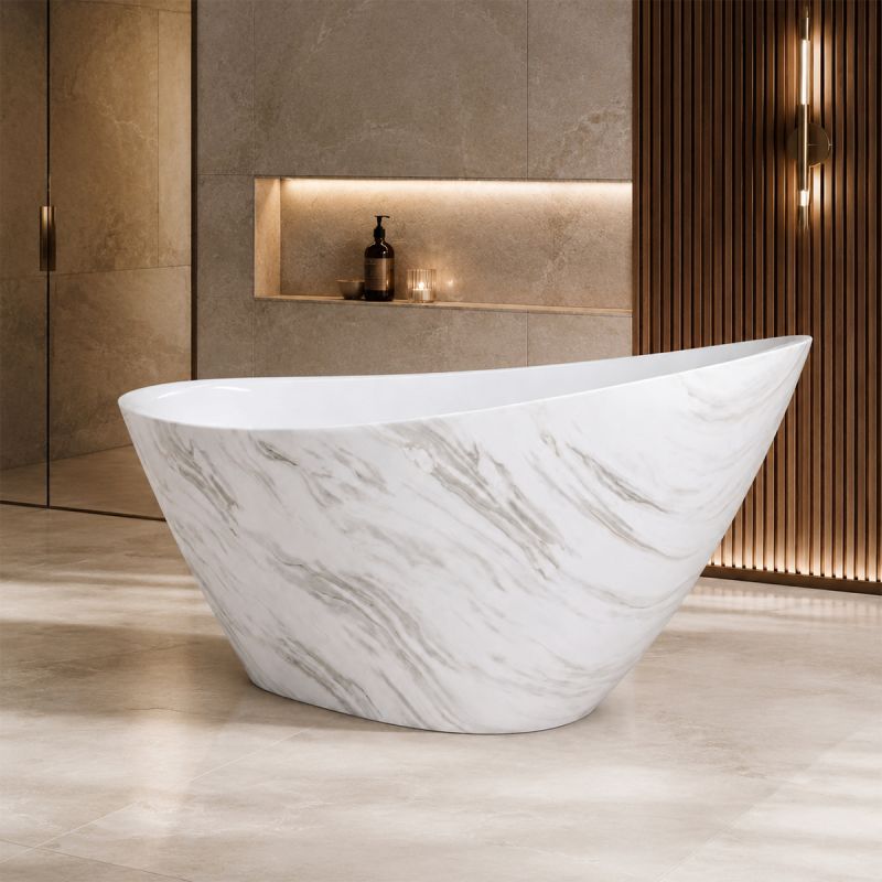 Cada de baie, freestanding, acril, ventil, preaplin crom inclus, Alb Calacatta exterior Alb Lucios interior, 160x80 cm, Cairo