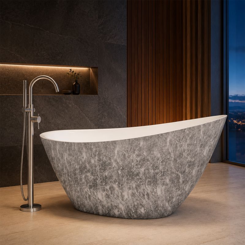Cada de baie, freestanding, acril, ventil, preaplin crom inclus, Piatra naturala exterior Alb Lucios interior, 160x80 cm, Cairo